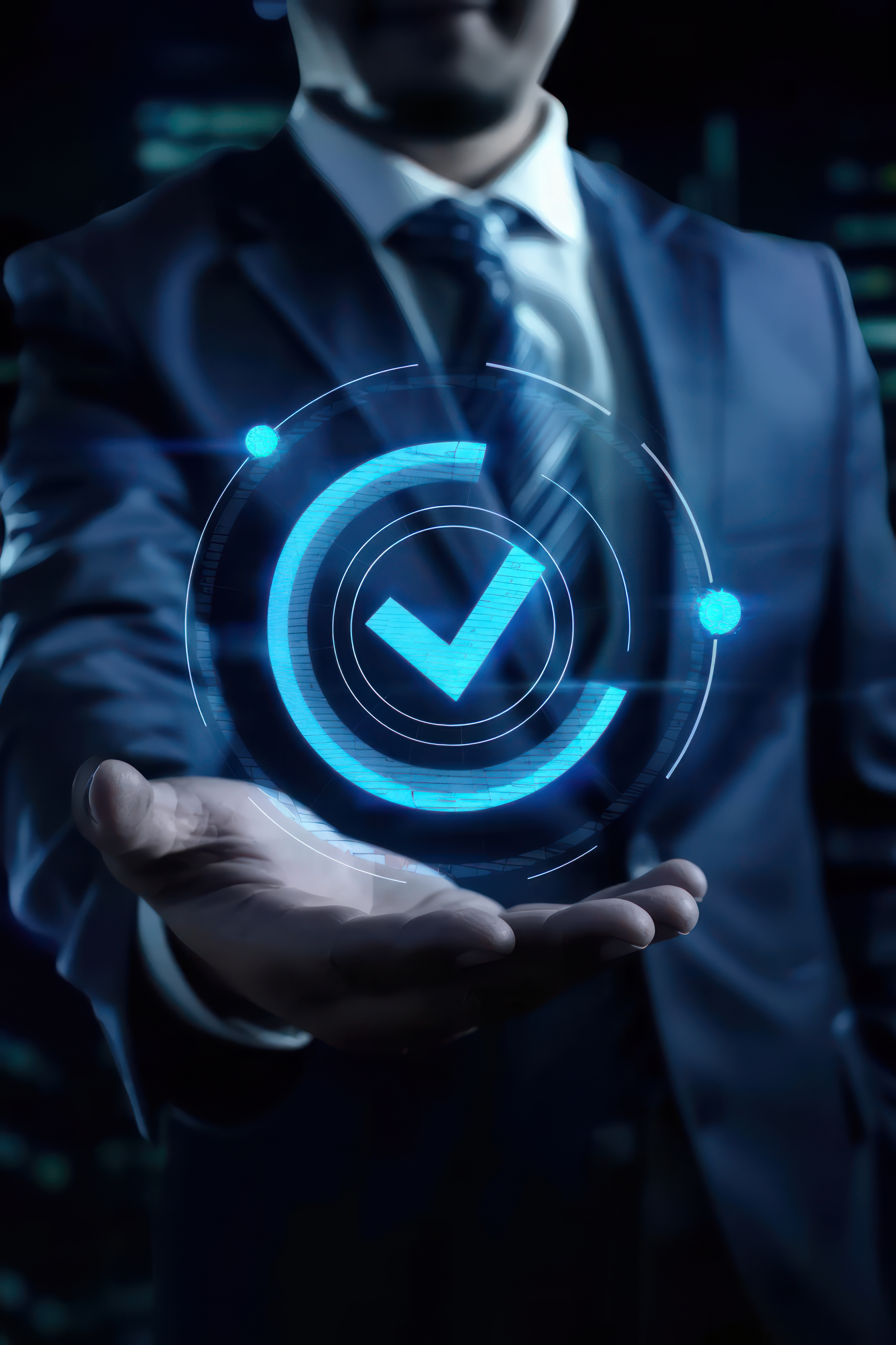 businessman-holding-virtual-check-mark-icon-symbolizing-successful-performance-checklist-dark-background